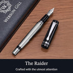 Webson Gill ‘The Raider’ Silver Luxury Executive Fountain Pen, Polished Lacquer & Chrome, Medium Nib, Smudge Free No Bleed, Use Any Fountain Ink w/Included Converter, Fits Cartridges sold separately