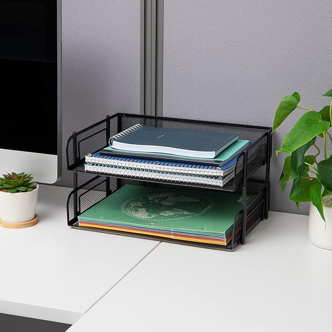 Mind Reader Stackable Paper Tray, Desktop Organizer, File Storage, Office, Metal Mesh, 13.5" L x 10" W x 7.25" H, 2 Pcs., Black