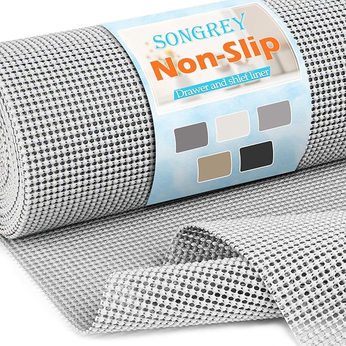 Songrey Non-Adhesive Drawer and Shelf Liner, Non Slip Cabinet Liners, Protect Kitchen Cupboard, Bathroom Drawers, Breathable, Thick Strong Grip mat (23.6IN x 20FT, Light Gray)