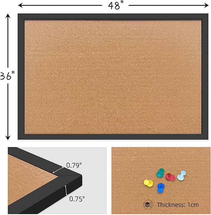 Yunihome Cork Bulletin Board, 48x36 Inches Hanging Cork Board Wooden Framed with Pins for Wall, Dorm Room, Office, Home Decor – Natural Cork & Black Frame