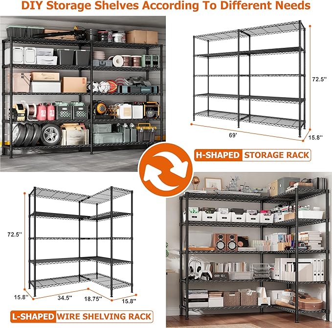 REIBII 1600LBS Storage Shelves 69.8''W Metal Shelving 5 Tier Wire Shelving Unit,Pantry Shelves Kitchen Shelves Adjustable Wire Commercial Shelf for Garage Storage Shelves, 69.8" Wx15.8 Dx72.4 H, Black