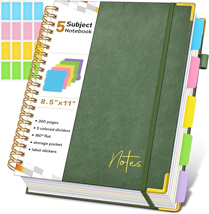 Spiral Notebook Journal with Removable Dividers Tabs, 300 Pages Hardcover Leather 5 Subject College Ruled Notebook, 8.5"x11" Large A4 Lined Journal for Women Men, Spiral Notebook for Work School,Green