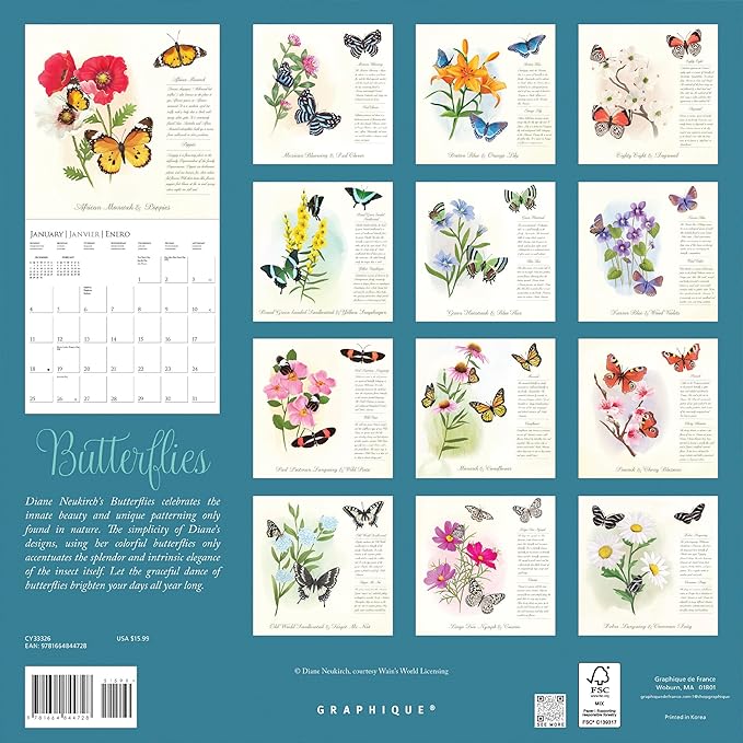 Graphique 2026 Butterflies Wall Calendar | 12” x 12” | Thick Paper | Home & Office Organizer | Large Monthly Grid | 3 Languages & Marked Holidays | 4 Month Preview Page for 2027