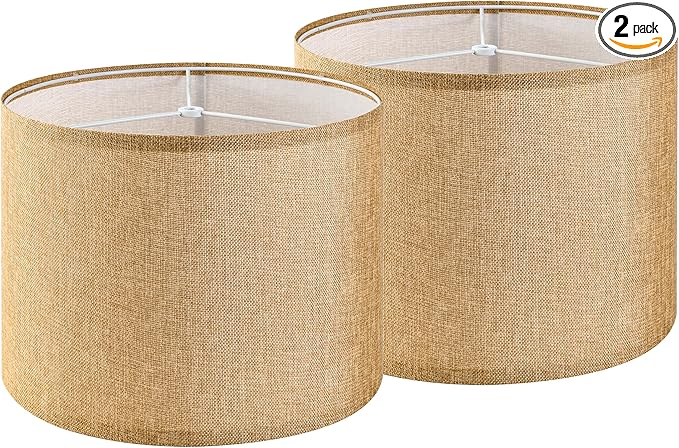 GO&SO Set of 2 Brown Medium Drum Lamp Shades 13" Top x 13" Bottom x 10" High (Spider) Farmhouse Lampshades for Table Lamp & Bedside Lamp - Handcrafted
