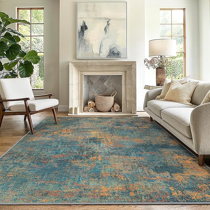 GENIMO Washable Area Rugs for Living Room, 10x14 Vintage Non Slip Rugs, Low Pile Lightweight Soft Print Rug for Bedroom, Dining Room, Home Office, Dark Blue Green