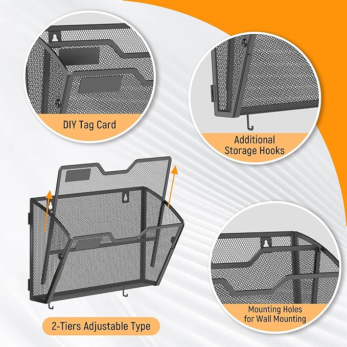 Docnest 2 Tier Mesh Wall File Holders with Hooks – 3 Pack Hanging Letter Holder - Document Organizer for Mail, Paper, Office, Home, School – Space-Saving Wall Mounted Folder Holder – Black