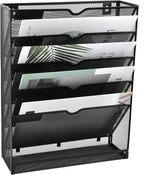 EASEPRES Desk File Organizer Mesh 6-Tier, Hanging Wall Mount Document Organization Stand, Desktop Vertical Mail Paper Folder Holder Rack with Bottom Tray for Office Home Cubicle, Sides Closed, Black