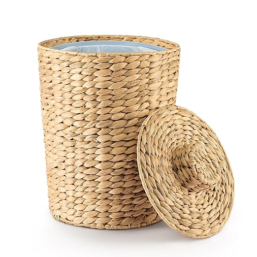 Tidita 2 Gallons Wicker Waste Basket - Water Hyacinth Bathroom Garbage Can with a Lid - Bathroom Trash Can Boho Style - Wicker Trash Can with Lid for Household, Kitchen - Removable Liner, Iron Frame