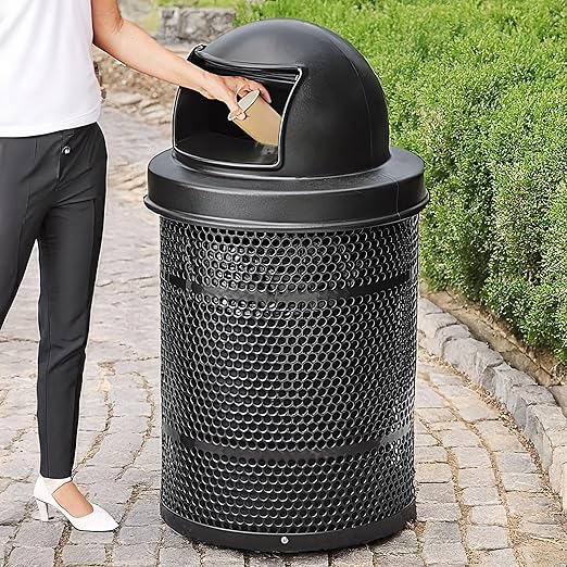 Zedfire 32 Gallon Perforated Waste Bin with Plastic Dome Lid, Steel Outdoor Heavy-Duty Commercial Trash Can, Round Recycle Container, Durable Garbage Can for Parks, Municipalities, Parking, Schools