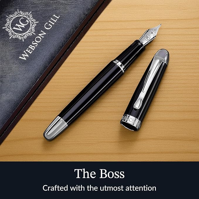 Webson Gill The Boss' Black Luxury Executive Fountain Pen, Polished Lacquer & Chrome, Medium Nib, Smudge Free No Bleed, Use Any Fountain Ink with Included Converter, Fits Cartridges (sold separately)