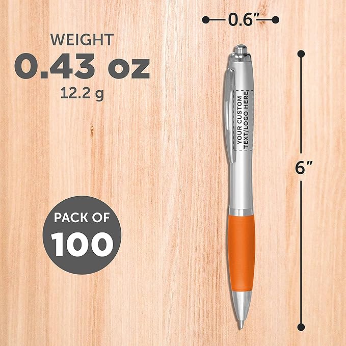 DISCOUNT PROMOS Personalized Ballpoint Pens With Rubber Grip, 100 pack Customizable Ergonomic Click-to-Write Custom Writing Pens for School with Black Ink, Orange