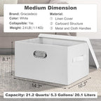 Graciadeco Medium 15" 21 Quart Collapsible Stackable Storage Bins with Lids, 1 Pack White Foldable Fabric Closet Storage Boxes with Lids, 4 Handles Heavy-duty Linen Cube Baskets for Bedroom