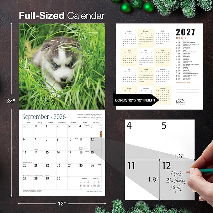 MICASA PRESS Siberian Husky Puppies 2026 Wall Calendar 12 Month | 12" x 24" Open | Thick & Sturdy Paper | Holiday Gift | Cute Puppy Dog Calendar 2026