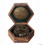 US HANDICRAFTS Vintage Brass Sundial Compass – Engraved Navigation Instrument with Wooden Case & Calendar – Baptism Gift for Son, Loved Ones, Camping & Hiking
