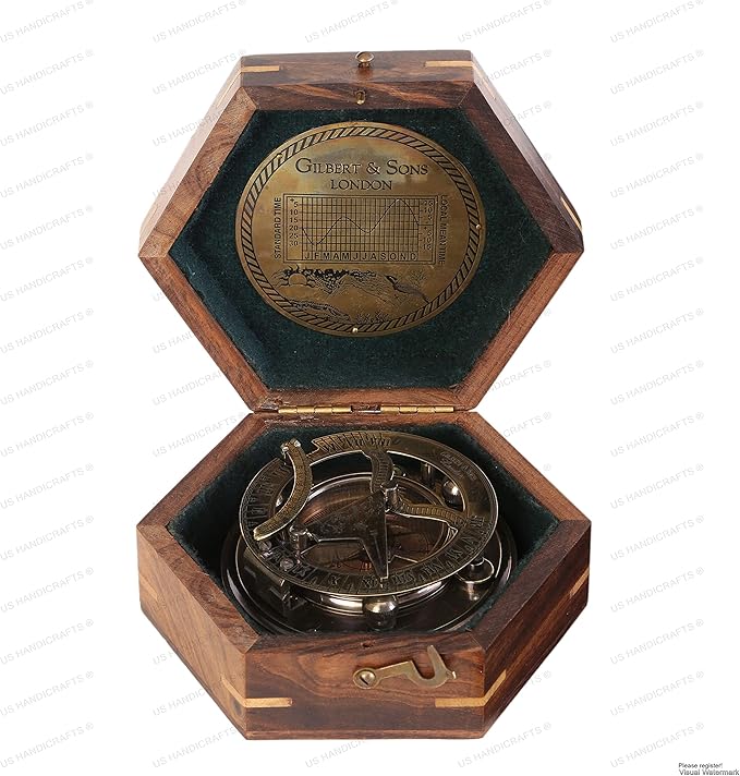 US HANDICRAFTS Vintage Brass Sundial Compass – Engraved Navigation Instrument with Wooden Case & Calendar – Baptism Gift for Son, Loved Ones, Camping & Hiking