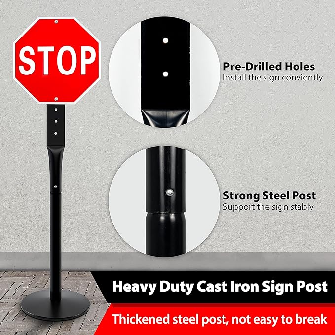 VAIIGO Heavy Duty Parking Sign Base Cast Iron 48" Parking Sign Post, Heavy Duty Cast Iron Sign Holder Base, Movable Sign Stand Suitable for Hanging Warning, Notice, Guiding Sign Display Stand (Black)
