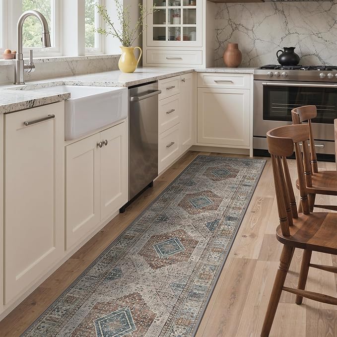 GENIMO Runner Rug 2x10 Non Slip Machine Washable Hallway Runner Rug, Low Pile Lightweight Vintage Rugs for Entryway, Hallway, Kitchen and Corridor, Geometry Sepia/Blue