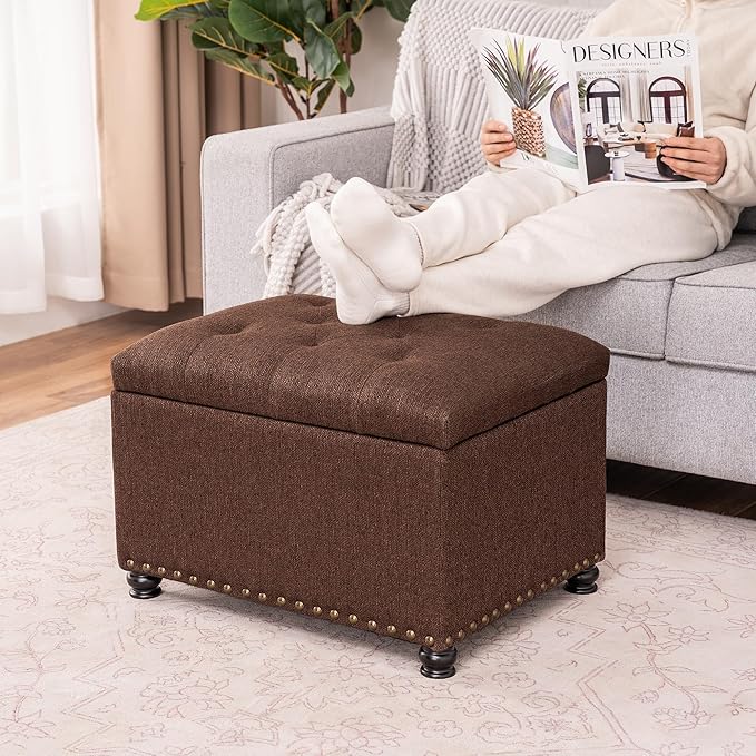 Decent Home 24" Storage Ottoman, Fabric Ottoman Foot Rest Stool with Hinged Lid, Tufted Rectangle Upholstered Footstool, Load Up to 350 lb, for Living Room, Bedroom, Dorm, Coffee Brown