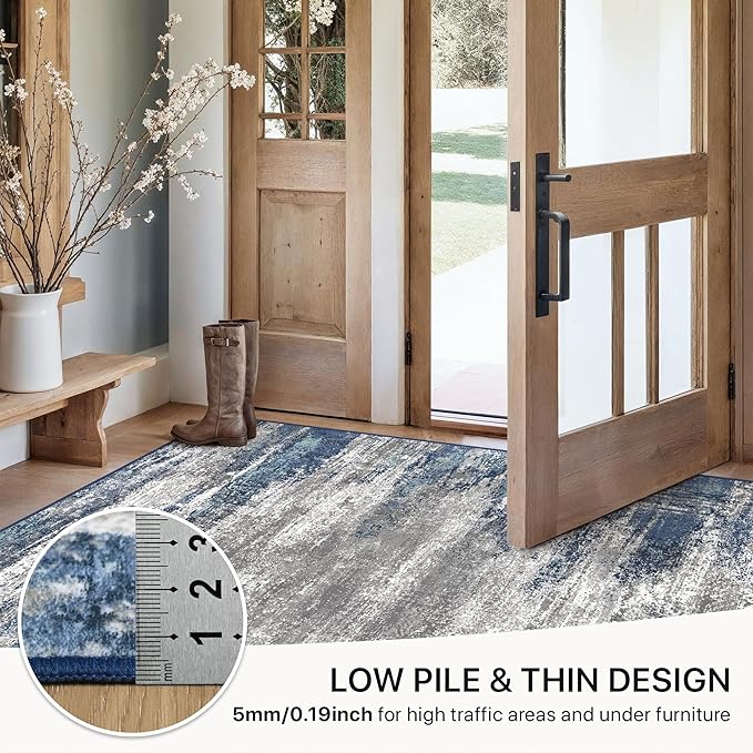GENIMO 4x6 Area Rugs for Living Room, Non Slip Machine Washable Modern Indoor Rug, Low Pile Lightweight Blue Print Rug for Bedroom Dining Room Home Office, Blue Ivory