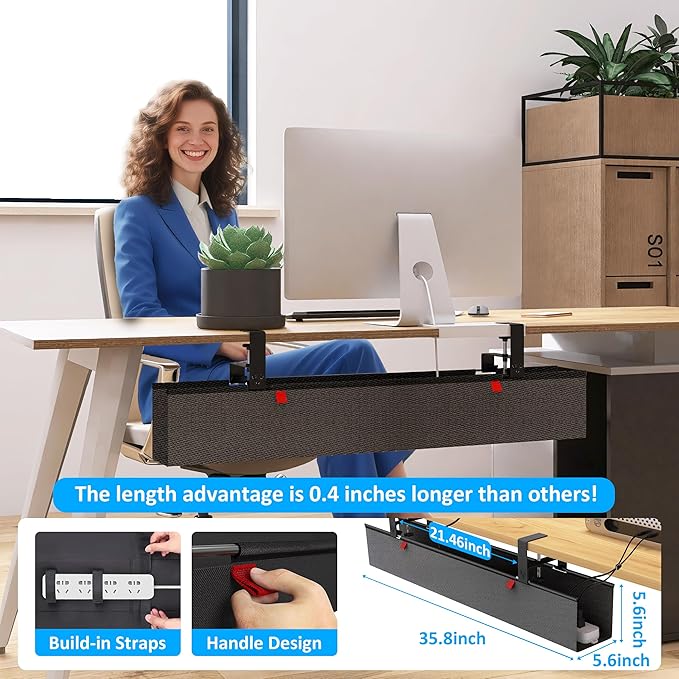 Cotohim Under Desk Cable Management Tray - Under Desk Cord Management - Clamp/Screw Mount - Fabric Wire Management - Cable Raceways Tray Cord Hiders for Office/Home (Black, 35.8"×5.6")