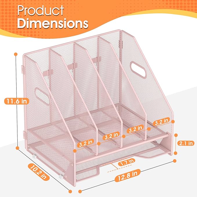 OrgMate Desk File Folder Holder Organizer-4 Vertical Compartments Racks and Paper Letter Tray,Mesh Magazine File Holder Sorter,Desktop Accessories & Workspace Organizers for Home,Office,School-Pink