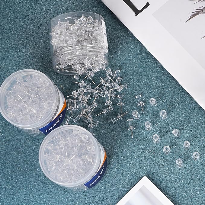 DANRONG 800 PCS Clear Push Pins, Standard Thumb Tacks for Bulletin Board, Steel Point and Clear Plastic Head, Pin Tacks for Wall Cork Board Maps Photos Calendar Hangings, Office School Supplies