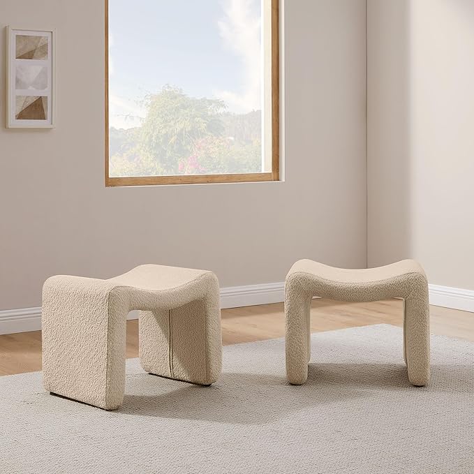 Modern Boucle Ottoman, Vanity Stool Chair, Foot Stool with Wooden Legs Sofa Bench Footstool Extra Seat for Vanity, Makeup Room, Living Room, Entryway, Set 2, Camel