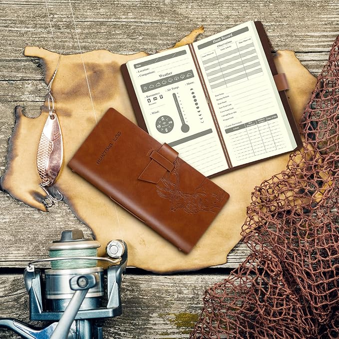 Eaasty 2 Pcs Leather Hunting Log Book Elk Hunting Journal Notebook for Men Designed for Huntsman to Record Hunt Details for Dad Husband Father's Day Birthday Gift, 96 Pages(Tan, Reddish Brown)