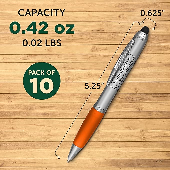 DISCOUNT PROMOS Custom Stylus Ballpoint Pens Set of 10, Personalized Bulk Pack - Black Ink, Great for Office, School, Business, Tradeshows, Events - Orange