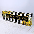 Artblox Office Desk Name Plate Personalized | Custom Name Plates on Acrylic Glass Decor | Office Desk Decor - Sunflowers Design - (8"x2.5")