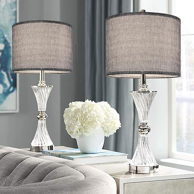 Gray Drum Lamp Shades Set of 2 Medium 13" Top x 13" Bottom x 10" High (Spider) Traditional Lampshades for Table Lamp & Bedside Lamp - Assembly Required - Modern Lamp Shade By GO&SO