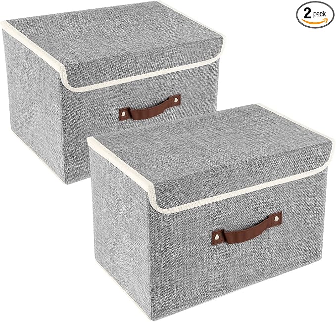 TYEERS Collapsible Storage Boxes, Washable Fabric Storage Bins with Lids, 14.9x9.8x9.8 inches, 2 Pack, Gray