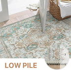 GENIMO 9x12 Area Rugs for Living Room, Machine Washable Non Slip Vintage Rugs, Low Pile Lightweight Chenille Print Rug for Bedroom, Dining Room, Home Office, Cyan