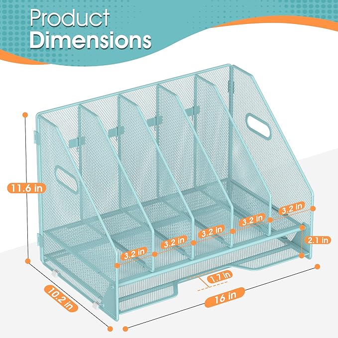 OrgMate Desk File Folder Holder Organizer-5 Vertical Compartments Racks and Paper Letter Tray,Mesh Magazine File Holder Sorter,Desktop Accessories & Workspace Organizers for Home,Office,School-Blue