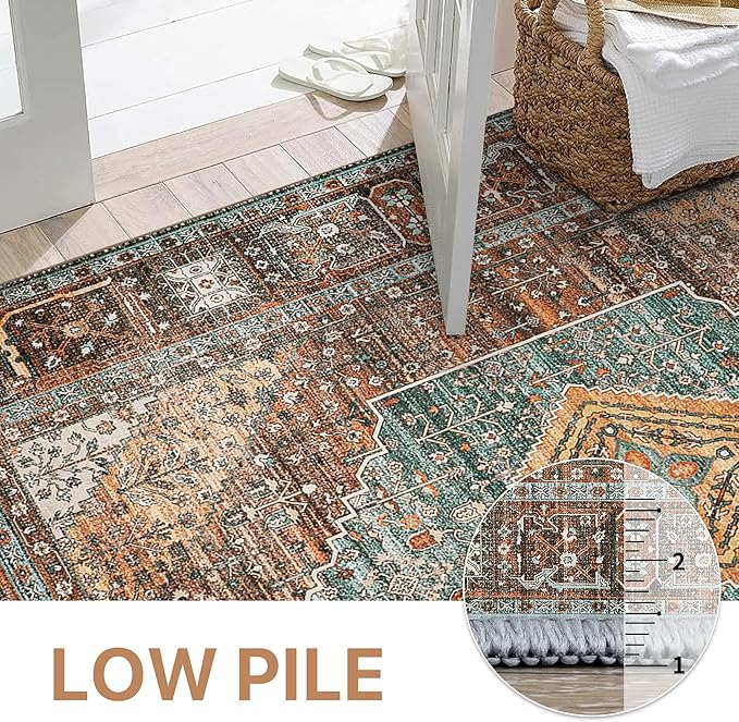 GENIMO 4x6 Area Rugs for Living Room, Machine Washable Rug, Non Slip Vintage Rugs, Low Pile Lightweight Chenille Print Rug for Bedroom, Dining Room, Home Office, Vintage Brown/Blue