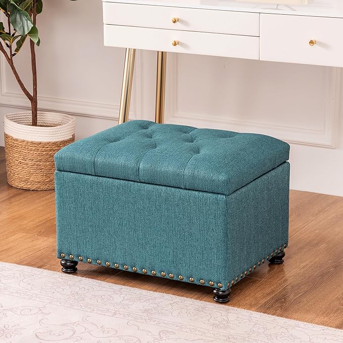 Decent Home 24" Storage Ottoman, Fabric Ottoman Foot Rest Stool with Hinged Lid, Tufted Rectangle Upholstered Footstool, Load Up to 350 lb, for Living Room, Bedroom, Dorm, Teal Blue