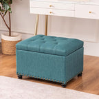 Decent Home 24" Storage Ottoman, Fabric Ottoman Foot Rest Stool with Hinged Lid, Tufted Rectangle Upholstered Footstool, Load Up to 350 lb, for Living Room, Bedroom, Dorm, Teal Blue