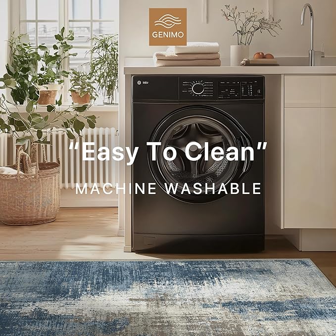 GENIMO Washable Area Rugs for Living Room, 9x12 Modern Non Slip Rugs, Low Pile Lightweight Soft Print Rug for Bedroom, Dining Room, Home Office, Washed Slate Blue
