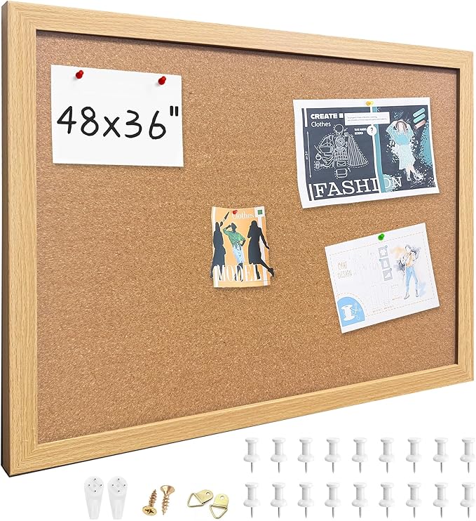 Yunihome Cork Bulletin Board, 48x36 Inches Hanging Cork Board Wooden Framed with Pins for Wall, Dorm Room, Office, Home Decor – Natural Cork & Black Frame