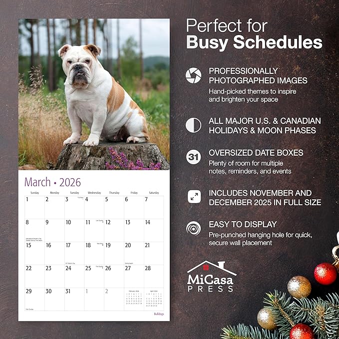 MICASA PRESS Bulldogs 2026 Wall Calendar 12 Month | 12" x 24" Open | Thick & Sturdy Paper | Holiday Gift | Cute Puppy Dog Calendar 2026