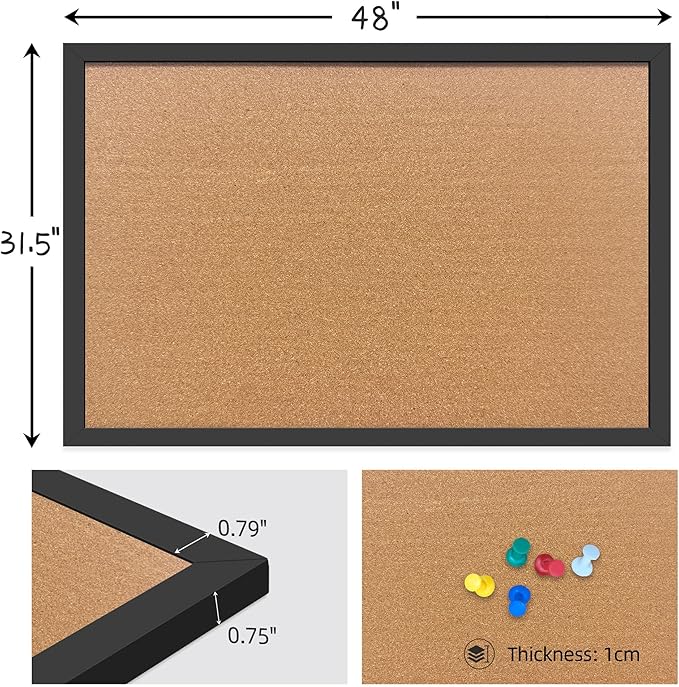 Yunihome Cork Bulletin Board, 48x31.5 Inches Hanging Cork Board Wooden Framed with Pins for Wall, Dorm Room, Office, Home Decor – Natural Cork & Black Frame