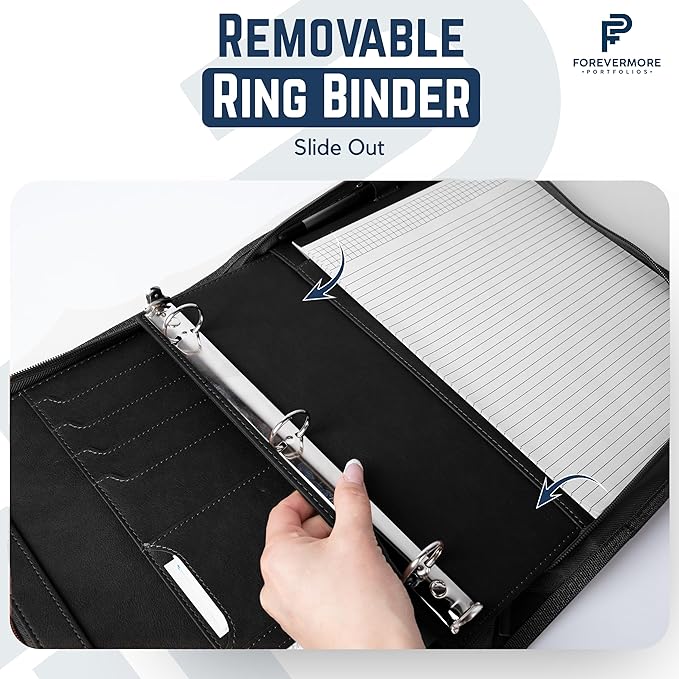 Forevermore Portfolios Padfolio Binder - Professional Faux Leather Travel Organizer Pouch for Tablet, Documents, Presentation Folders, Zipper Closure, Removable 3-Ring Notepad - Black