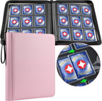 GEAoffice 9 Pockets Top Loader Binder Holds 324 Cards, Premium PU Leather Trading Card Binder for Toploader, Side Loading Zipper Card Binder Top Loader for 3"×4" Rigid, MTG, TCG, Waterproof, Pink