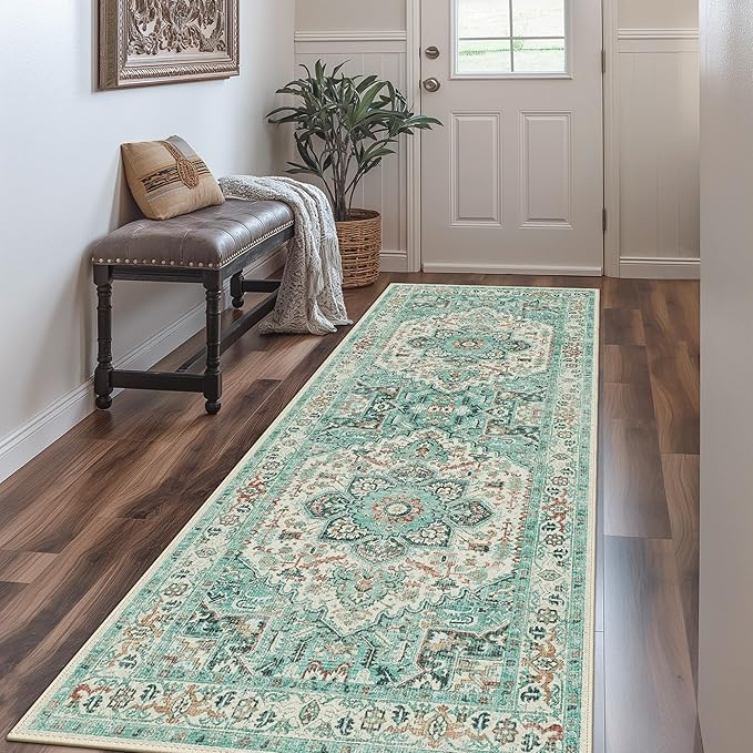 GENIMO Machine Washable 8x10 Area Rugs for Living Room, Non Slip Vintage Rugs, Low Pile Lightweight Chenille Print Rug for Bedroom, Dining Room, Home Office, Sky Blue