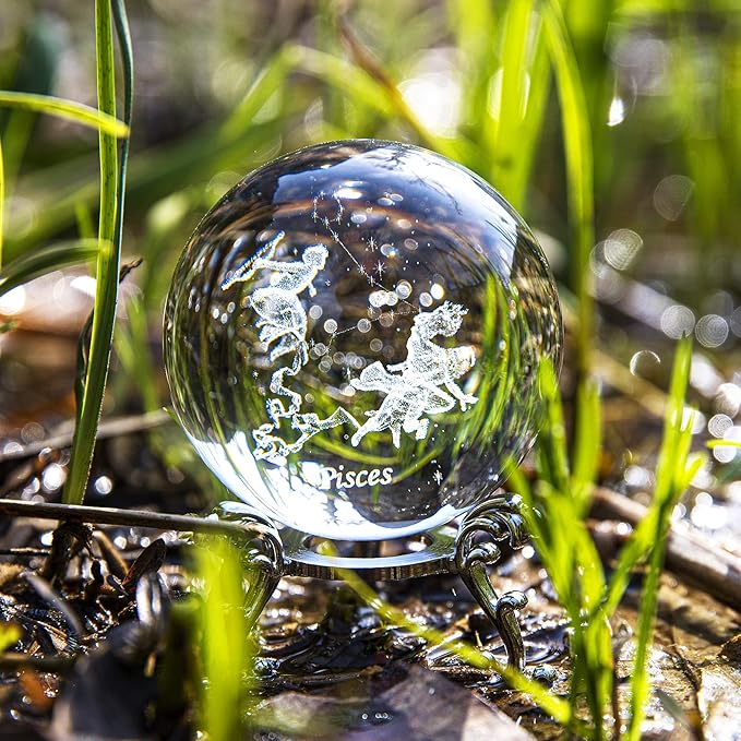 3D Inner Carving Constellation Ball Crystal Paperweight Full Sphere Glass Fengshui with Sliver-Plated Flowering Stand(Pisces)