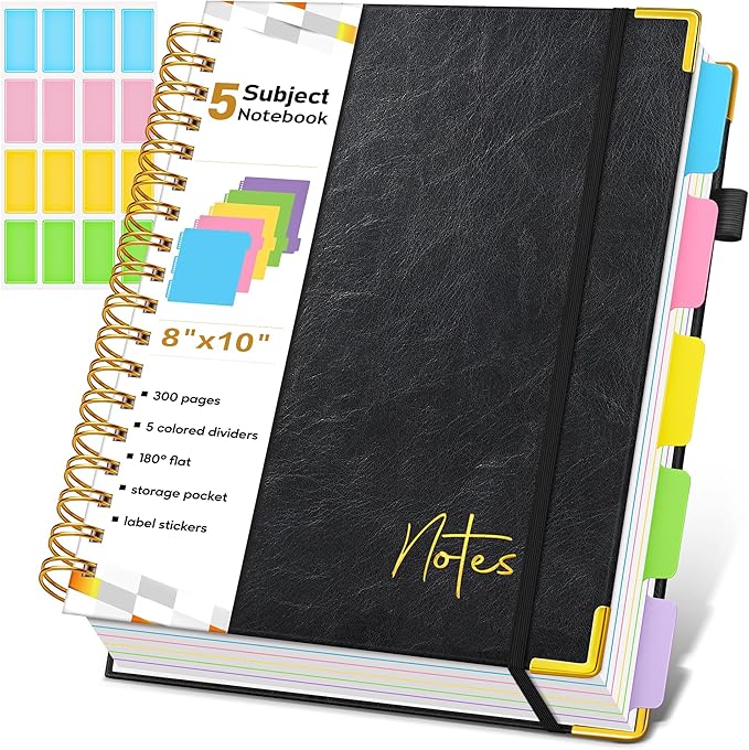 Spiral Notebook Journal with Removable Dividers Tabs, 300 Pages Hardcover Leather 5 Subject College Ruled Notebook, 8"x10" Large B5 Lined Journal for Women Men, Spiral Notebooks for Work School, Black