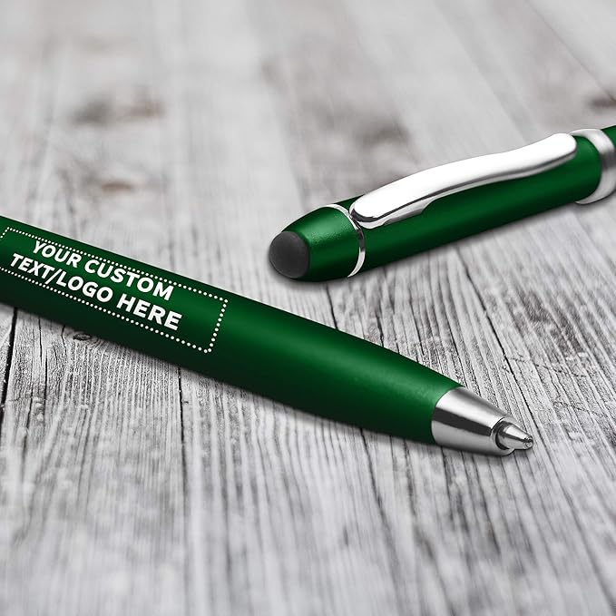 DISCOUNT PROMOS Custom Twist Action Plastic Stylus Pens, Set of 100, Personalized Bulk Pack - Pens for Work, Cool Pens for Writing, Black Ink - Green