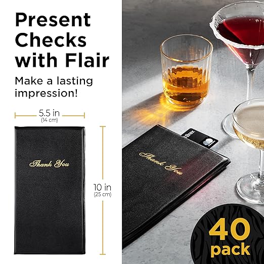 Gold Lion Gear Check Presenters for Restaurants Bulk 40 Pack - 5.5 x 10 Inch Double Side Check Presenter with Gold Thank You Imprint - Receipt Holder for Organized Payments - Black