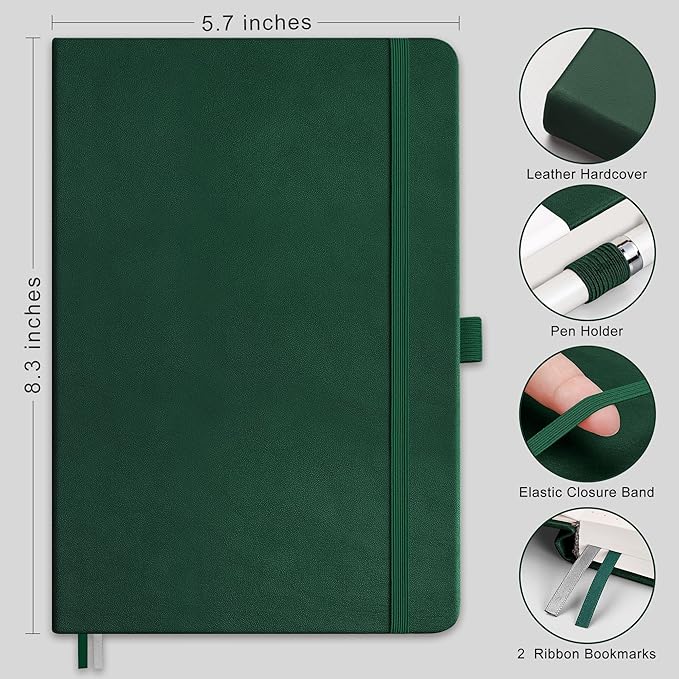 RETTACY Bullet Dotted Journal Notebook, 320 Numbered Pages, A5 Medium Size (5.7'' × 8.3''), Leather Hardcover, 100 GSM Thick Paper, for Bullet Journaling, Planning, Tracking (Dark Green)