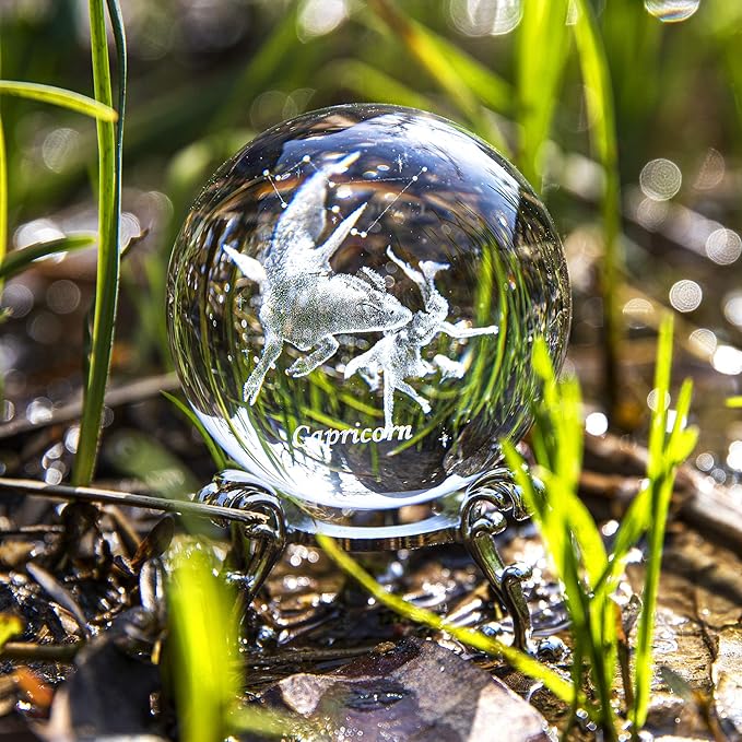 3D Laser Constellation Ball Crystal Paperweight Full Sphere Glass Fengshui with Sliver-Plated Flowering Stand(Capricorn)